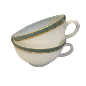Vintage Pyrex White Milk Glass ‘Regency Green’ Tea Cups (2)